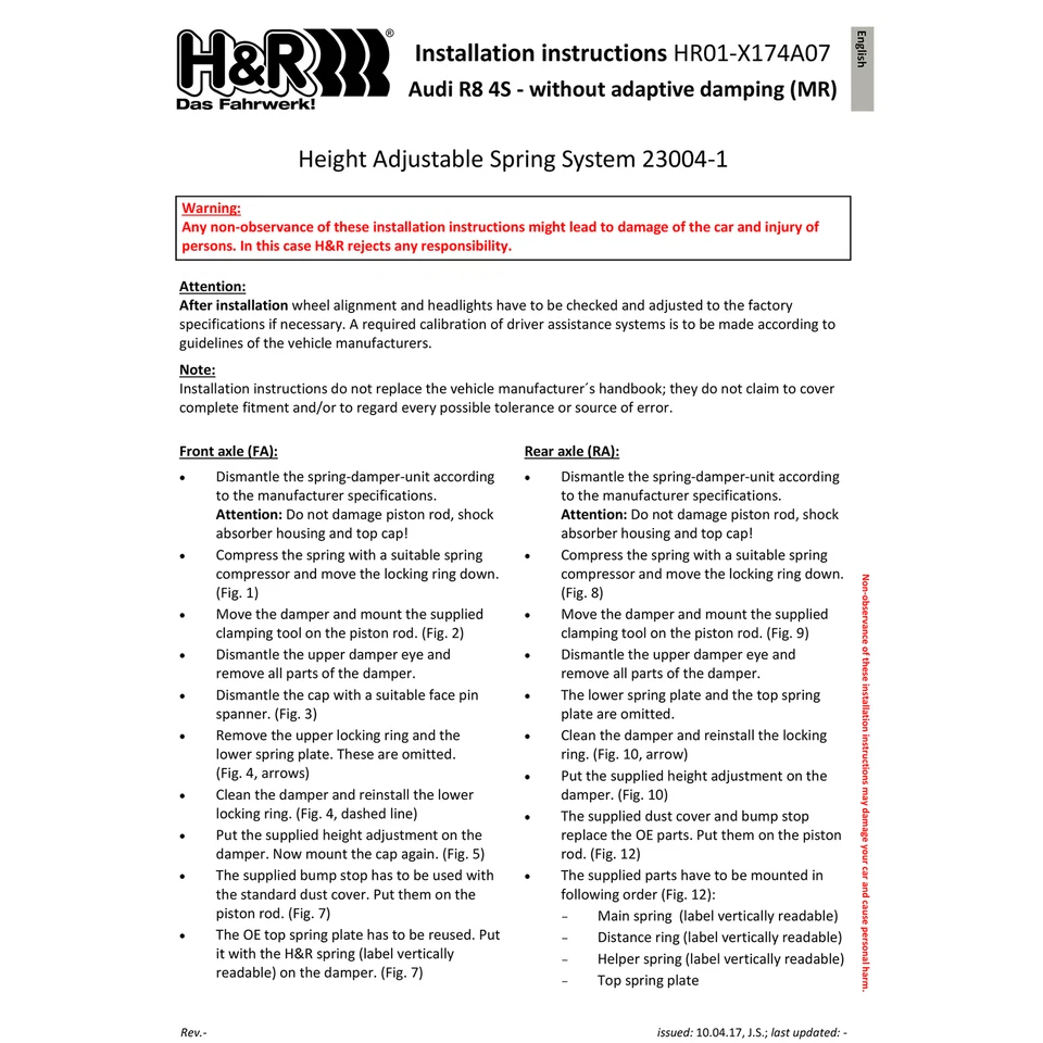 H&R 23004-1 Kit de muelles descensores delanteros y traseros ajustables para Audi R8 2017-2023 Foto 3 de 4