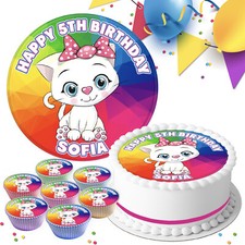 CAT RAINBOW BIRTHDAY PERSONALISED EDIBLE CAKE TOPPER & CUPCAKE TOPERS PK370