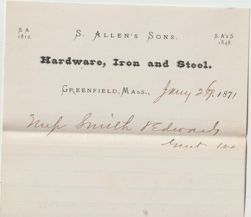 1871 3ct green entire GREENFIELD MASS Allen's Sons Hardware Iron w/Enclos (A339) - Picture 2 of 2