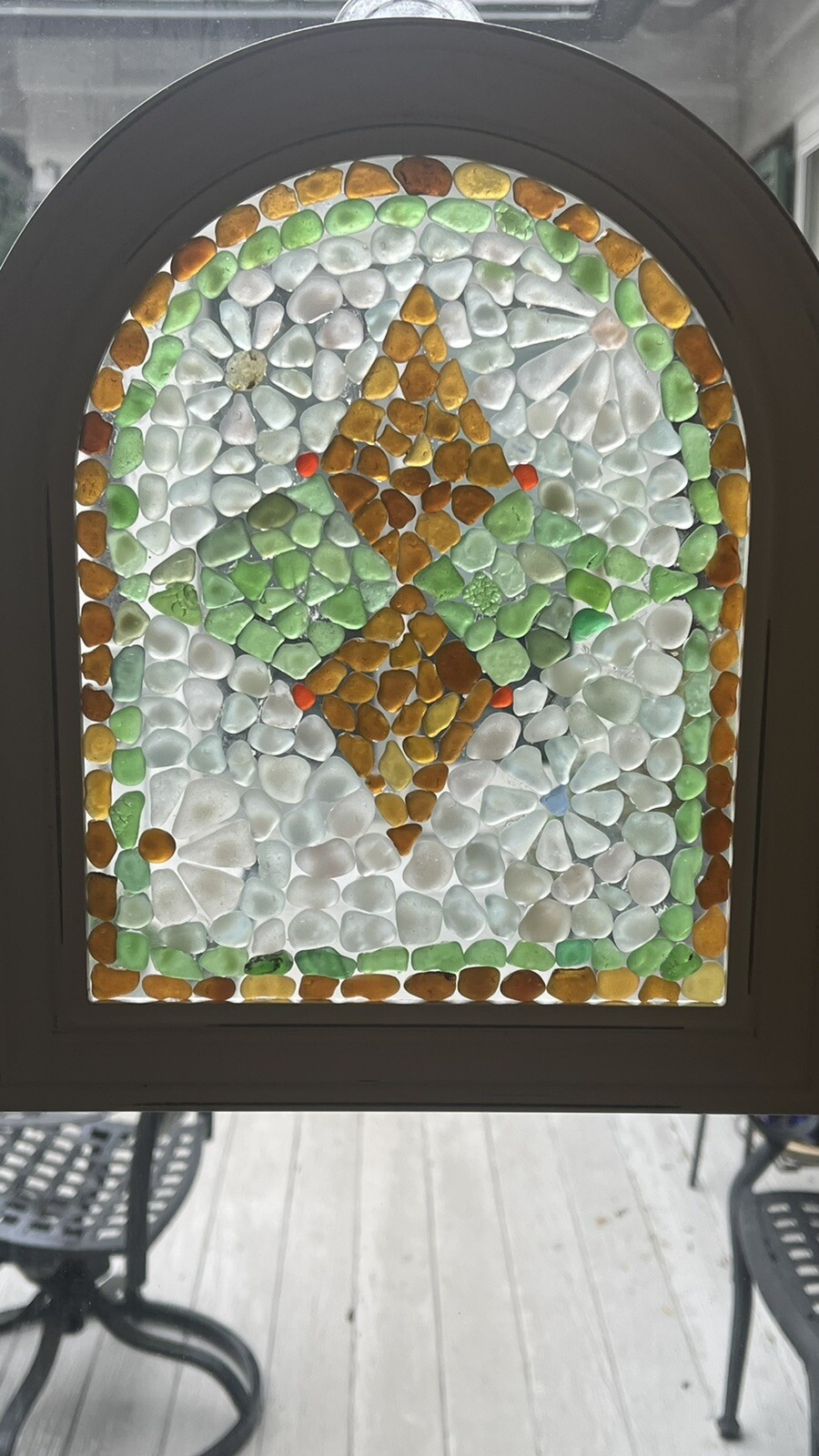 New handmade framed sea glass mosaic. Mariner’s Compass w