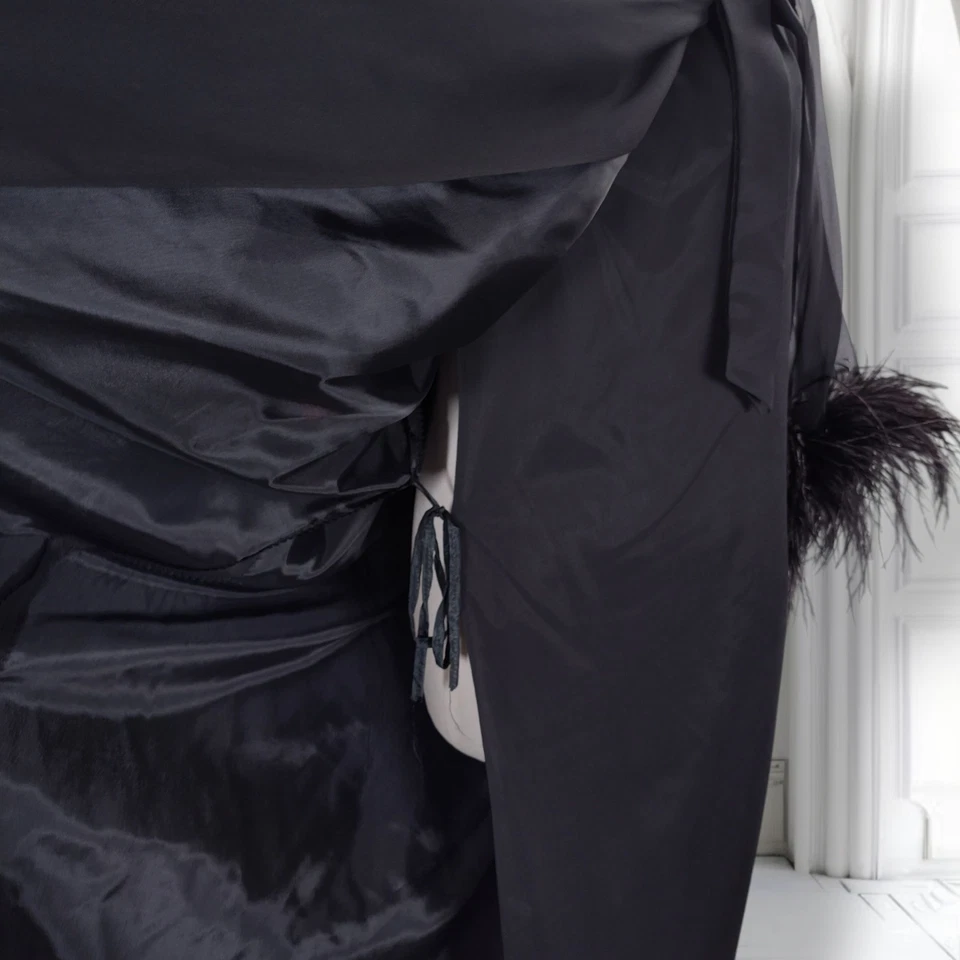 Vintage 60s Black Silk Chiffon Wrap Dress Ostrich Feather Trim Bell Sleeves - Image 4 of 4