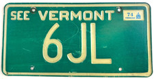 Vermont 1974 Auto License Plate Tag 6JL Vintage Man Cave Garage Pub Wall Decor