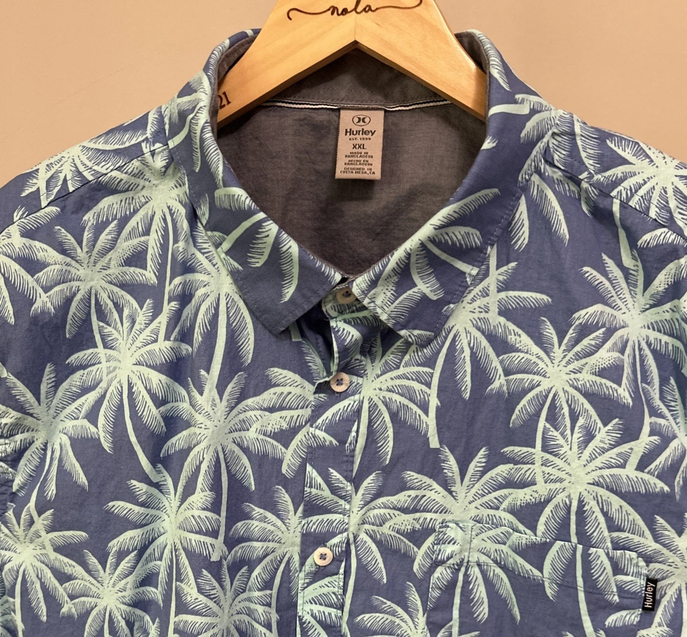 Hurley Men's Short Sleeve Woven Patio Shirt Chest Pocket Blue Palm Trees 2XL