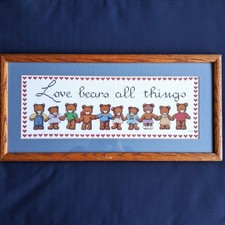 Vintage Needle Point Embroidery Teddy Bears LOVE Baby Nursery Room 10 x 21 Blue