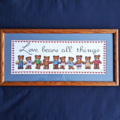 Vintage Needle Point Embroidery Teddy Bears LOVE Baby Nursery Room 10 x 21 Blue