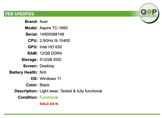 Acer Aspire TC-1660 - 2.9GHz i5, 12GB RAM, 512GB SSD, Windows 11 - Image 2 of 4