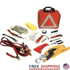 Deluxe Roadside Emergency Kit Jumper Cables Tow Rope Flashlight First Aid Tools