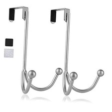 2Packs Over the Door Double Hanger Hooks, Metal Twin Hooks 2 Pack Silver 2P