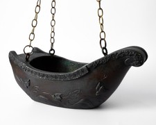 Antique Japanese Boat Shaped Bronze Hanging Ikebana Vase With Birds Above Waves