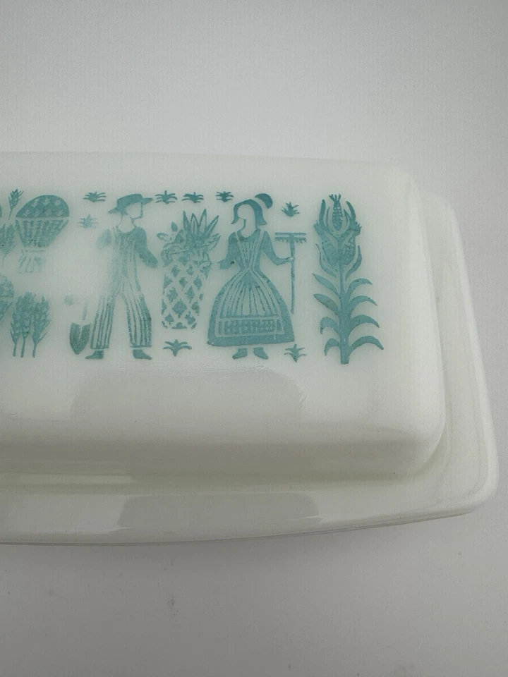 Pyrex Vintage Amish Butterprint Butter Dish Turquoise Blue On White with Lid - Image 3 of 4