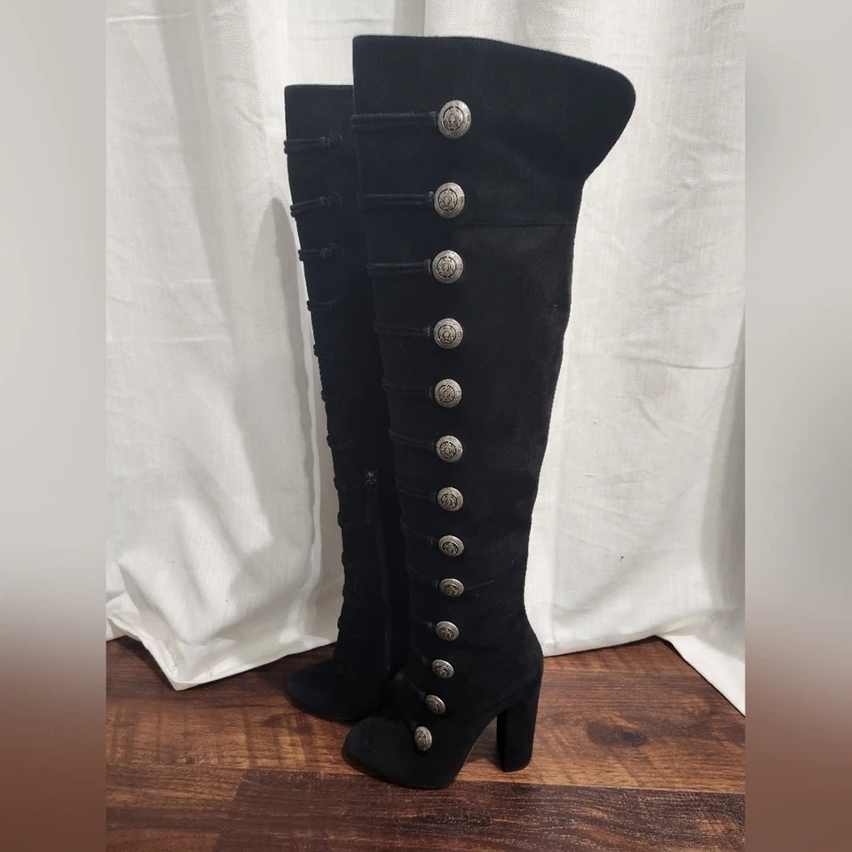 Botas RARAS Aquazzura Rasputine Militares Tacón Bloque Gamuza Negra Sobre la Rodilla Foto 4 de 4
