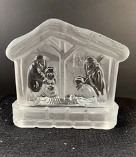 Frosted Clear Glass Candle Holder Tealight Christmas Nativity Scene Manger