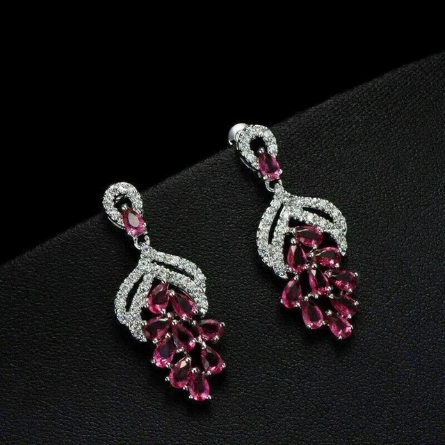 Lab Created 4Ct Pear Cut Pink Ruby Drop/Dangle Earrings 14K White Gold Plated - Image 2 of 3