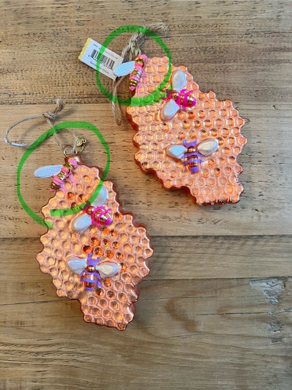 2 New Glitterville Honey Comb Bee Ornament - Pink Bees (imperfection)