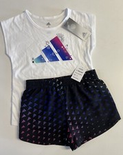 NWT Adidas 2 Piece Set Girls Size 4 Shorts T Shirt White Logo