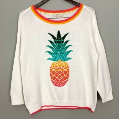 Loft Colorful Pineapple Cotton Sweater Women s Size S Relaxed Fit Stretch Knit