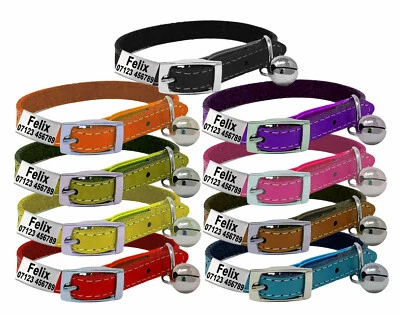 Personalised Genuine Leather Kitten / Cat Collar with Bell & Engraved ID Tag