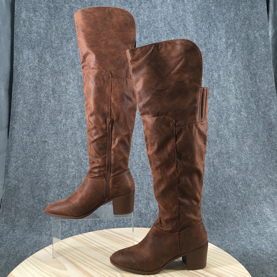 Qupid Boots Womens 7 Over The Knee Brown Casual Almond Toe Pull On Block Heels - Image 2 of 4