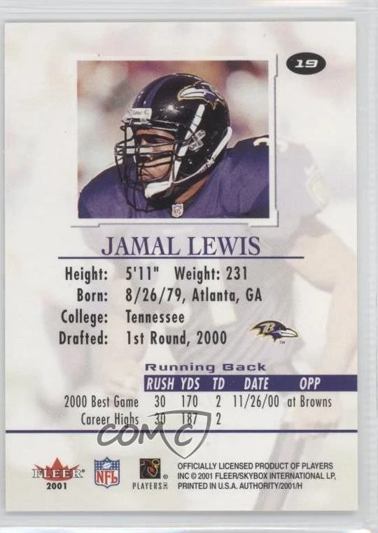 2001 Fleer Authority Jamal Lewis #19 - Image 2 of 2