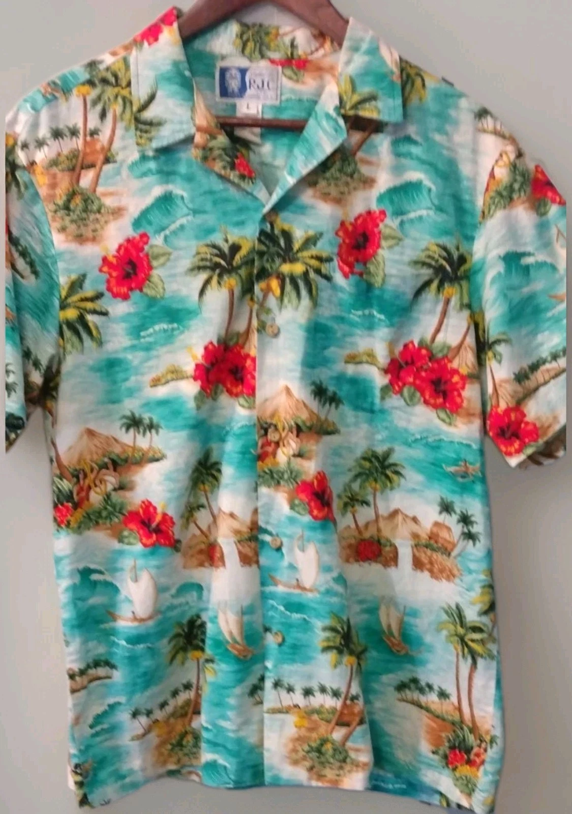 RJC Hawaiian Shirt Mens Large Made In USA Hawaiian Girls Blues Aloha Sailboats