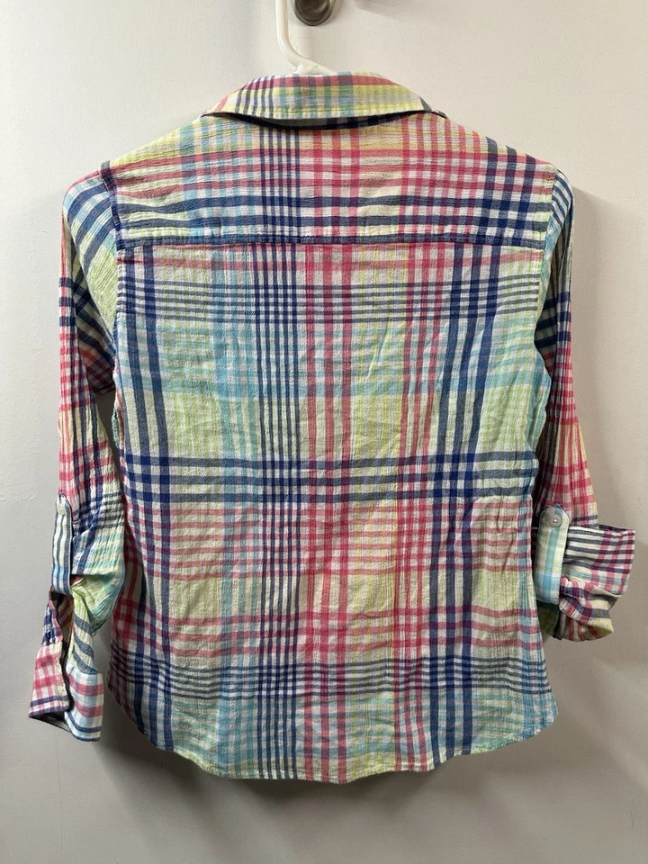 Talbots Women’s gauze popover shirt Button Plaid Size P Long Sleeve Roll Tab - Image 3 of 4