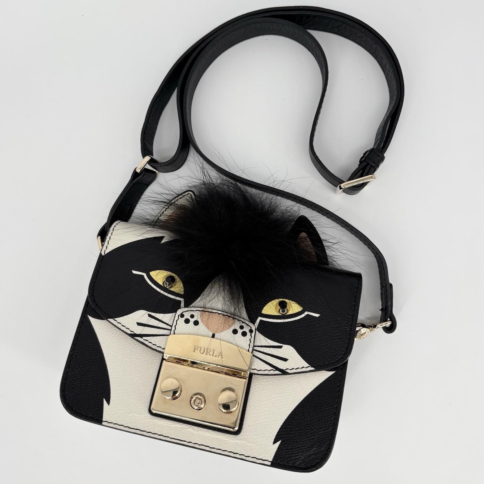 FURLA Metropolis Cat Shoulder Bag Crossbody Fur Leather Gold Hardware Auth Japan