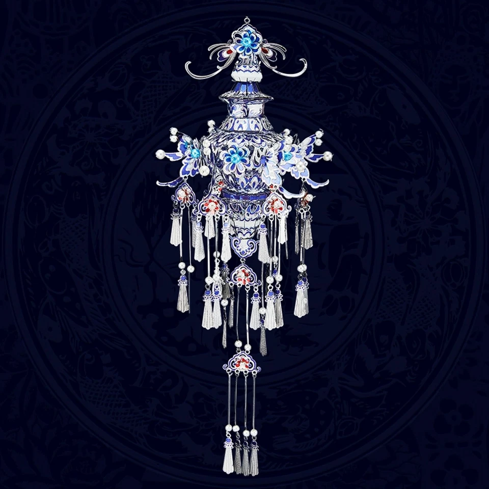 Corona de ópera azul y blanco 3D rompecabezas tridimensional decoración estilo chino Foto 4 de 4