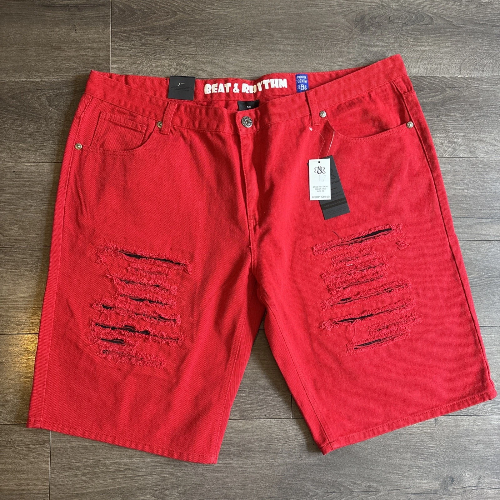 Beat & Rhythm Premium Denim Men’s Shorts Size 50 Red Baggy Distress Streetwear
