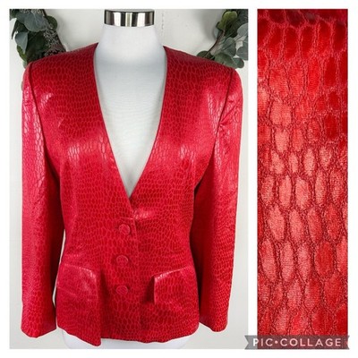 Vintage Adele Simpson Evening Blazer Jacket US 10 Snakeskin Jacquard Red 80s 90s