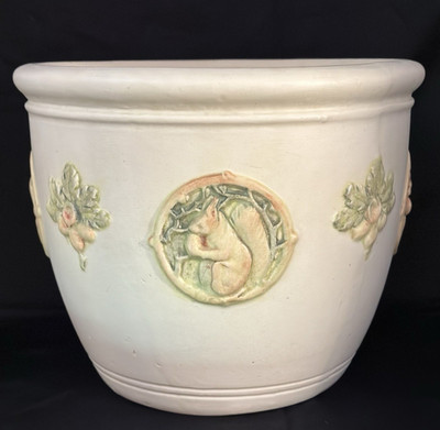 WELLER POTTERY RARE JARDINIERE W/ FLEMISH SQUIRREL MEDALLIONS MINT & SUPER CLEAN