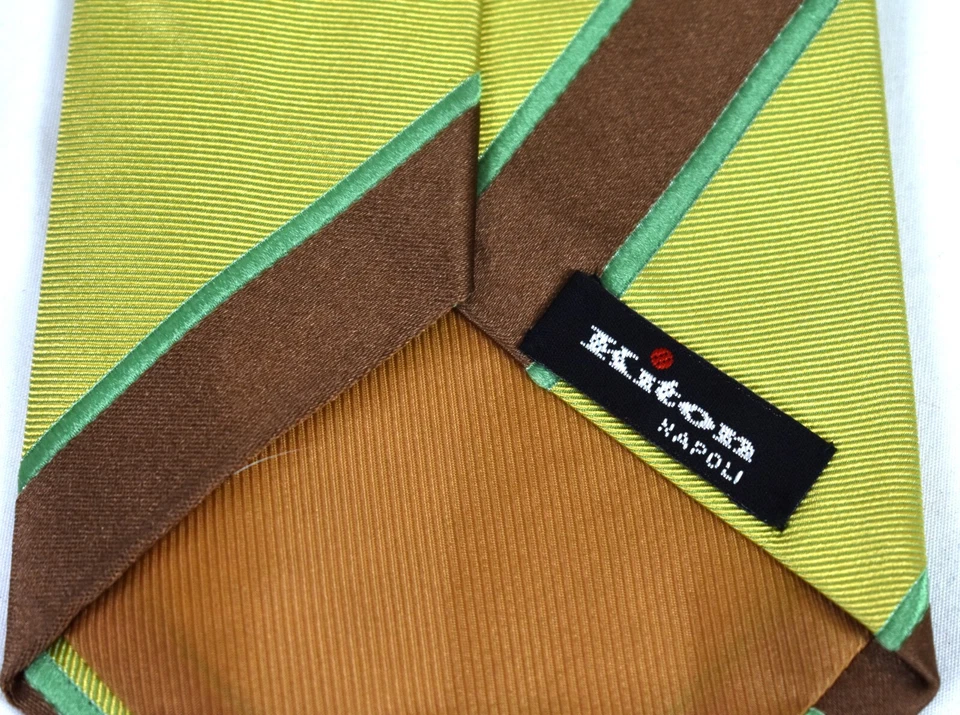 Corbata Xlent KITON dorada con rayas verdes marrones claros 5 pliegues 100 % seda 3,75 x 57 Foto 4 de 4