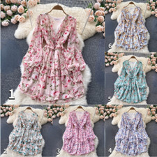 Lady Mini Floral Dress V-neck Ruffle Layered Chiffon Puff Sleeve Beach Summer