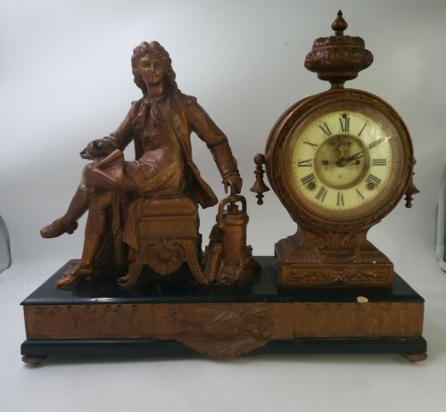 Antique 1881 Ansonia Denis Papin figural statue mantel shelf clock 19x17" CK