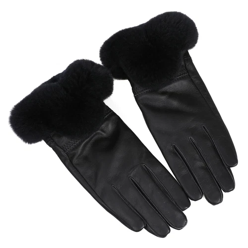 Women's Winter Genuine Leather Gloves Rex Rabbit Fur Warm Trim Cuff Velvet Lined - Picture 60 of 88