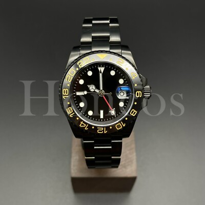 Custom Made GMT Style Watch Automatic Movement Black Dial Black Gold Bezel US
