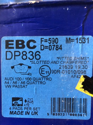 EBC Ultimax Brake Pads Set - DP836–Audi 100/Quattro/A4/A6/A6 Quattro/VW Passat - Picture 4 of 4
