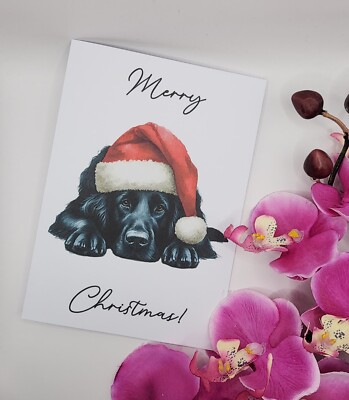 Schwarze flach beschichtete Retriever Weihnachtskarte. Weihnachtskarte Hundeliebhaber.