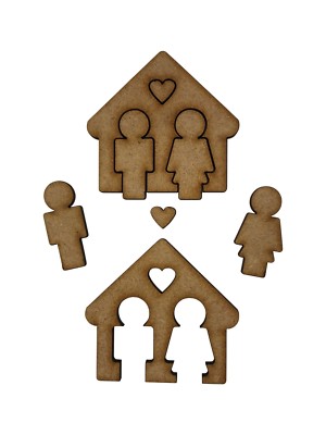 6x Haus mit Paar Herz 5cm Holz Basteln Verzierungen Laser geschnitten Form MDF