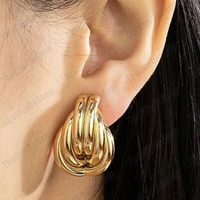 CLIP ON RETRO 2.7cm GOLD TONE knot EARRINGS vintage style CLIPS non-pierced UK