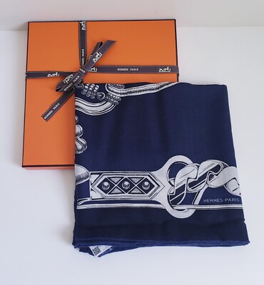 HERMES HERMÈS METALLIQUE SCARF 100 Marine/Noir/Blanc CASHMERE/SILK BRAND  NEW