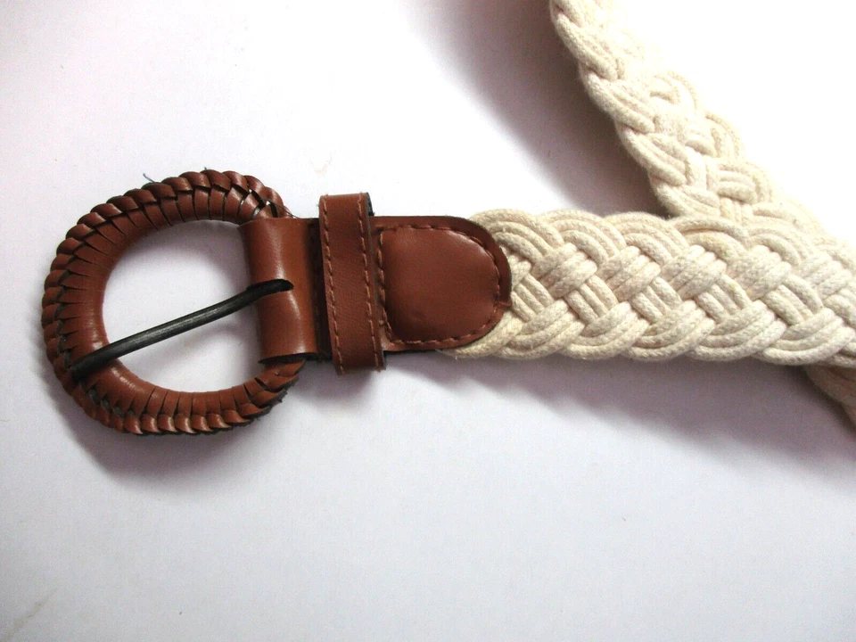 Tejido Trenzado Diseño Mujeres 36 pulgadas Max XL Crema Cinturón Tejido Hebilla Boho Hippy De Colección Foto 2 de 4