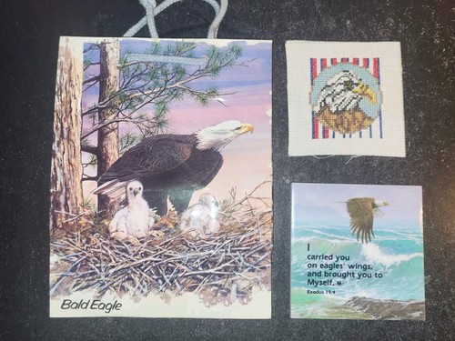 3 Piece Vtg 1991 Bald Eagle Lot Potpourri Gift Bag/3"x3" Cross Stitch/4.25" Art