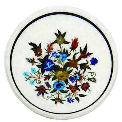 15'' Round white colorful Floral Marble Table with Inlay   Handmade Geometric Art