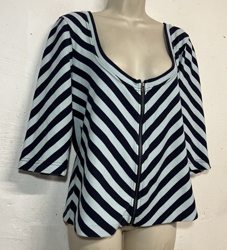 NWT Maeve Anthropologie Large Sweater Blue Stripe Low Cut Zip Front Top - Picture 3 of 5