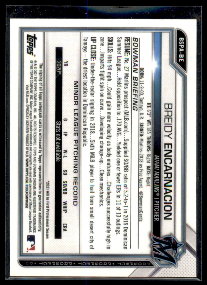 Breidy Encarnacion 2021 1st Bowman Chrome Prospects Sapphire Auto #BSPA-BE Miami - Image 2 of 2