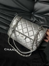 Chanel Medium Classic Flap Silver Metallic Leather Shoulder Crossbody Bag Silver