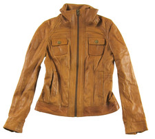 Black Rivet Tan Light Brown Leather Moto Jacket Asymmetrical Zipper Women Small
