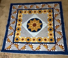 Handmade Quilt Wall Hanging Patchwork Blue Gold Rustic Farmhouse Decor