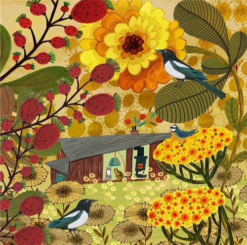 Autumn House Magpies Fine  Art Blank Greeting / Birthday Card - Garden Flowers