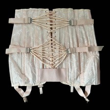Vintage 1950s Peach Cotton Double Fan Lace Boned Girdle Corset 40 XL/XXL